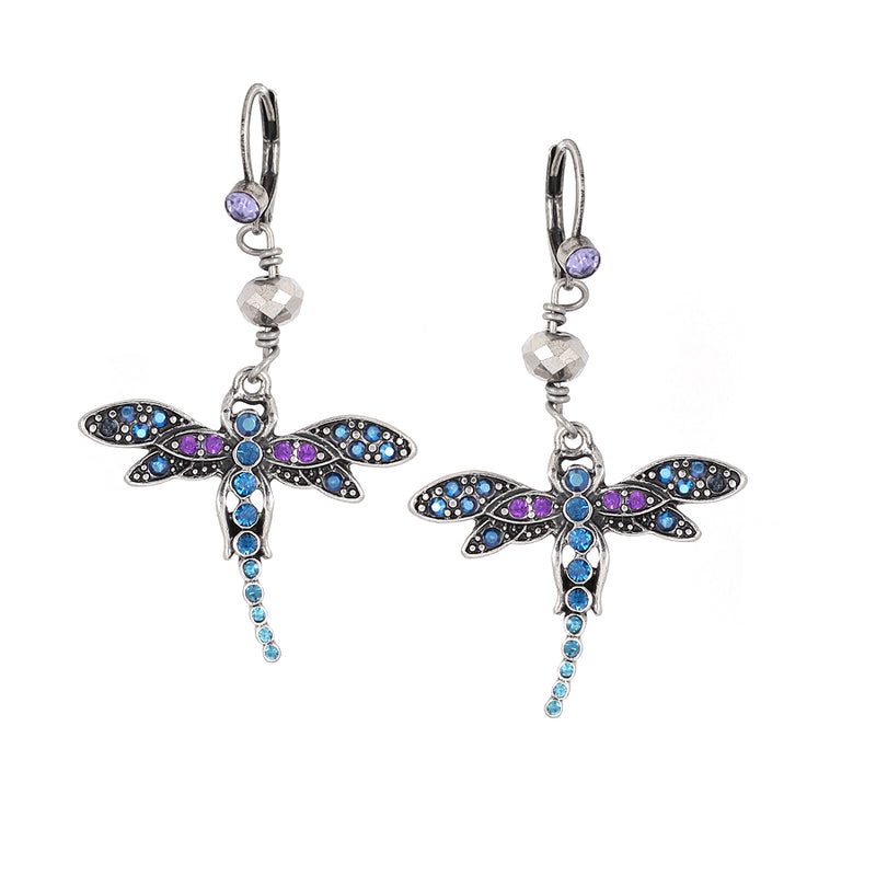 Rhodium-Tone Metal Blue And Purple Crystal Earrings