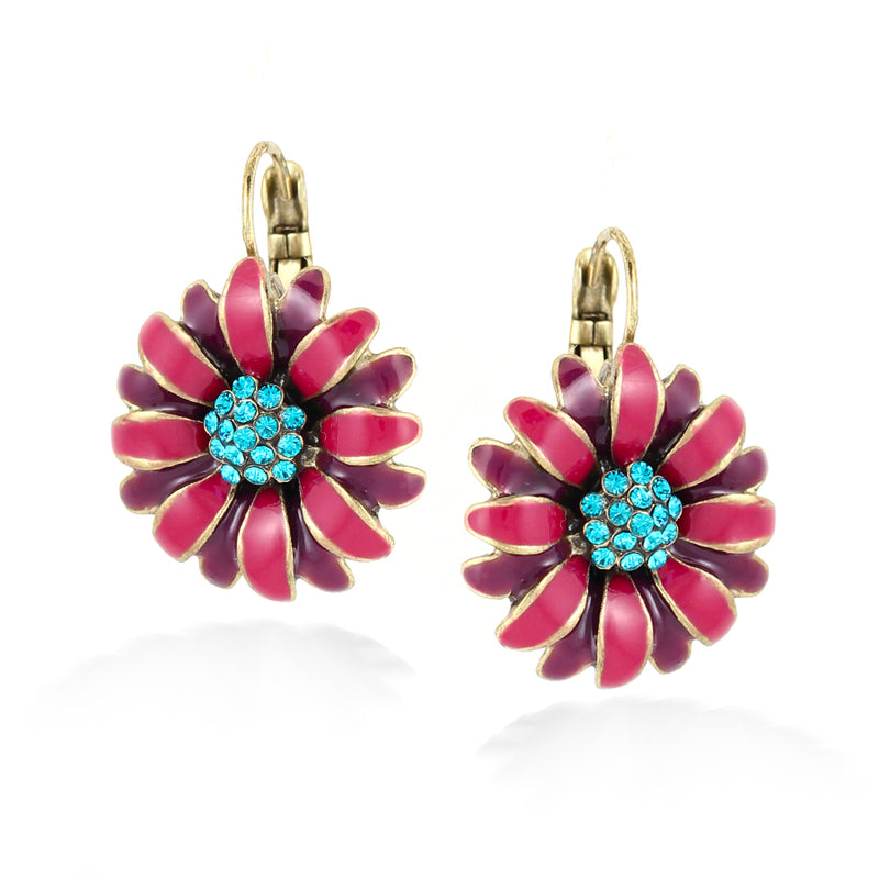 Gold-Tone Metal Blue Crystal Pink Enamel Flower Earrings