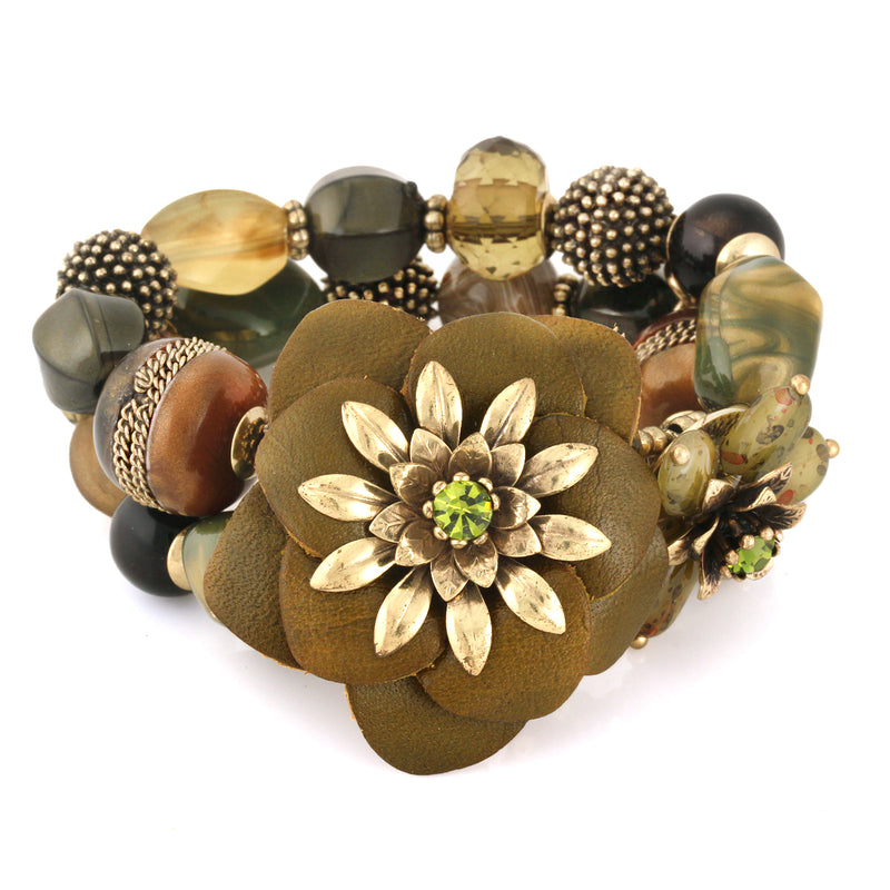 Gold-Tone Metal Mix Beads Flower Stretch Bracelets