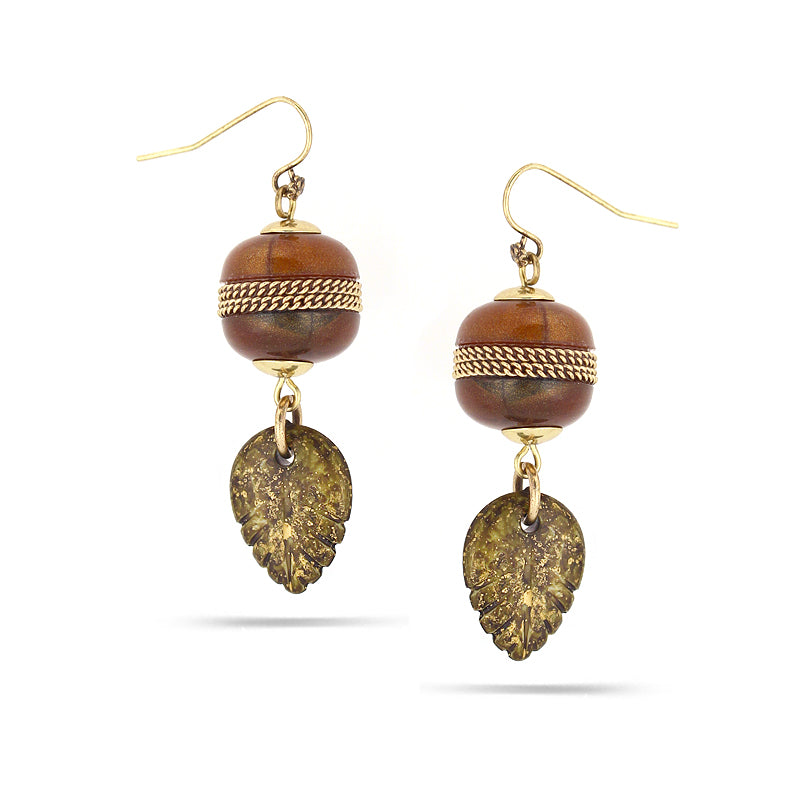 Gold-Tone Metal Brown Beads Gold Leaf Drop Earrings