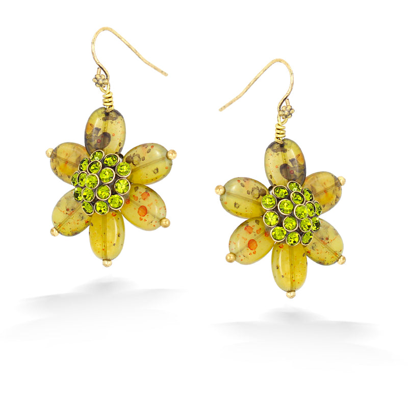 Gold-Tone Metal Olive Crystal Flower Earrings