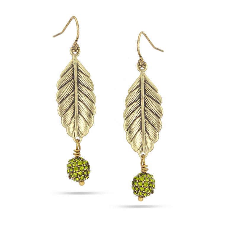 Gold-Tone Metal Leaf Green Crystal Ball Drop Earrings