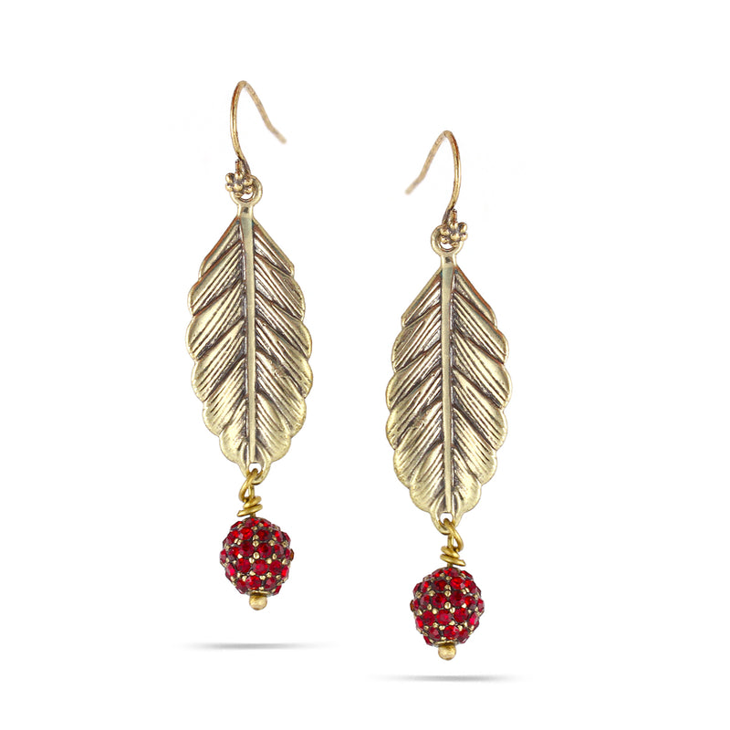 Gold-Tone Metal Leaf Red Crystal Drop Earrings