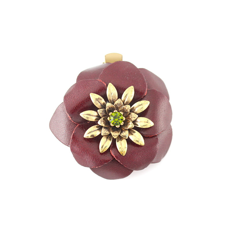 Gold-Tone Metal Brown Leather Flower Green Crystal Brooches
