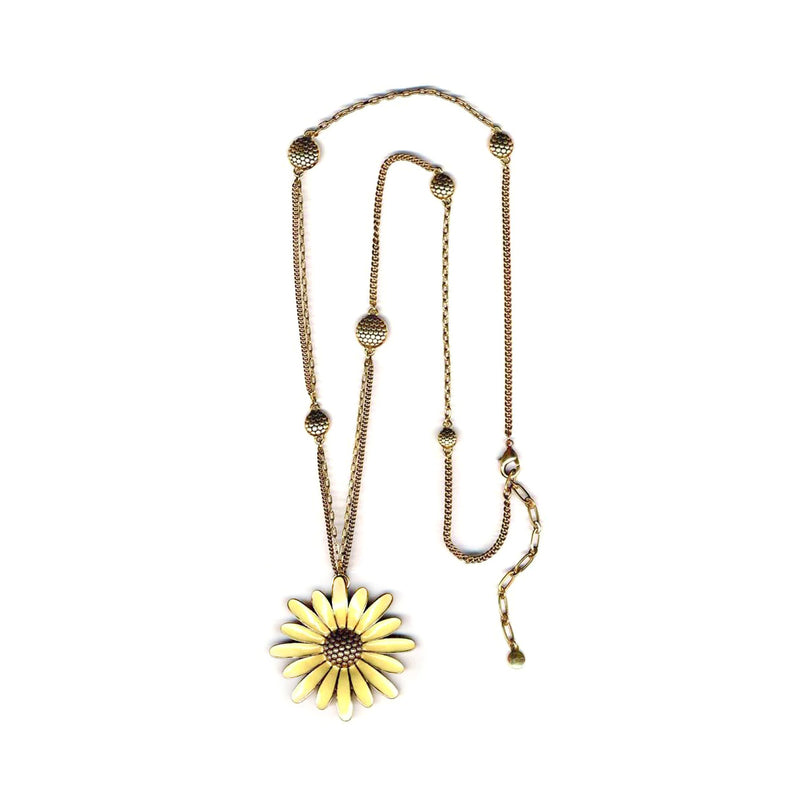 Gold-Tone Metal Cream Enamel Sun Flower Long Necklace