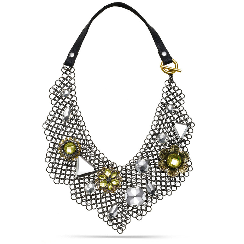 Hematite-Tone Metal Faceted Silver And Gold Crystal Nrcklace