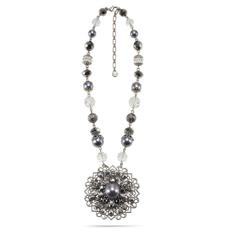 Silver-Tone Metal Hematite And Grey Pearl Filigree Pendant Necklace