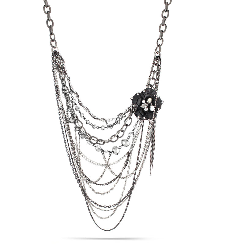 Hematite-Silver-Tone Metal Multi Layered Flower Crystal Necklace