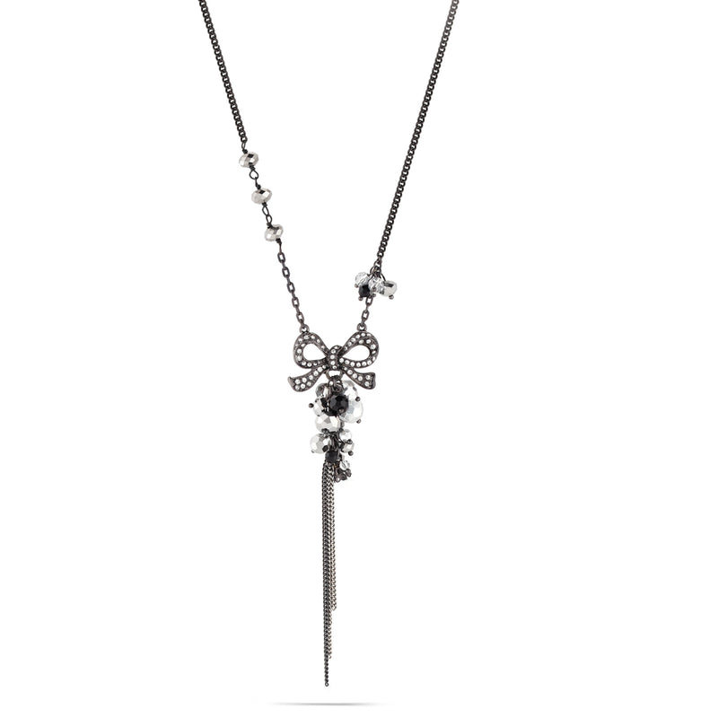 Black-Tone Metal Crtstal Bow Tassel Necklace