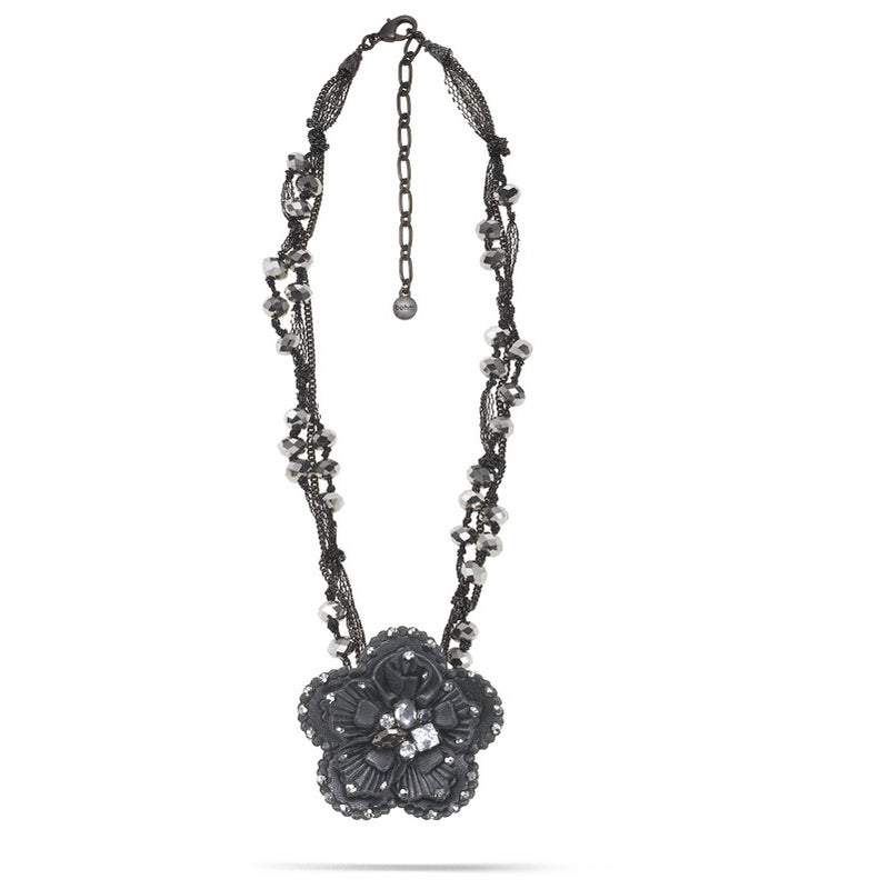 Hematite-Silver-Tone Metal Flower Crystal Necklace
