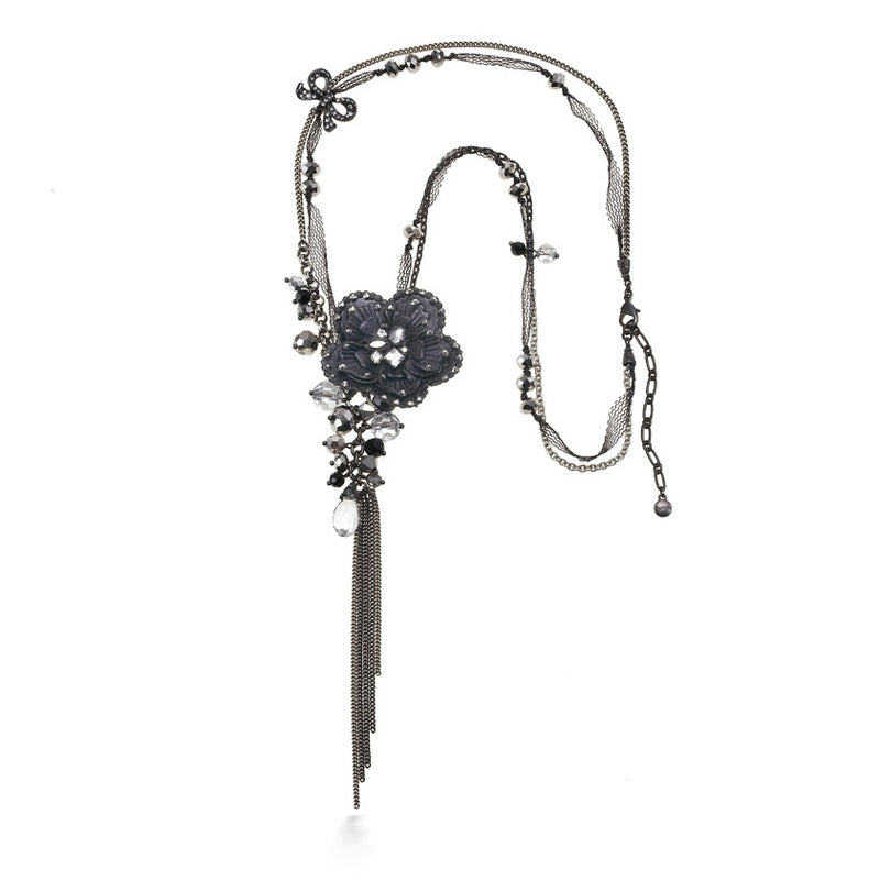 Hematite-Silver-Tone Metal Flower Crystal Tassel Necklace