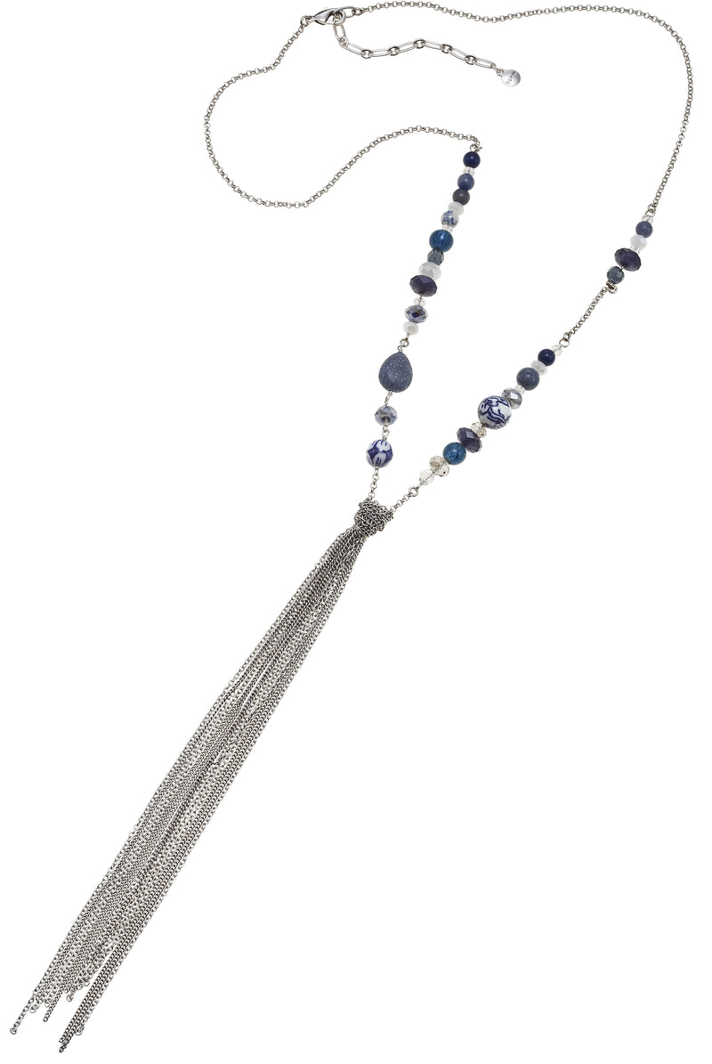 Silver-Tone Metal Blue Crystal Tassel Becklace
