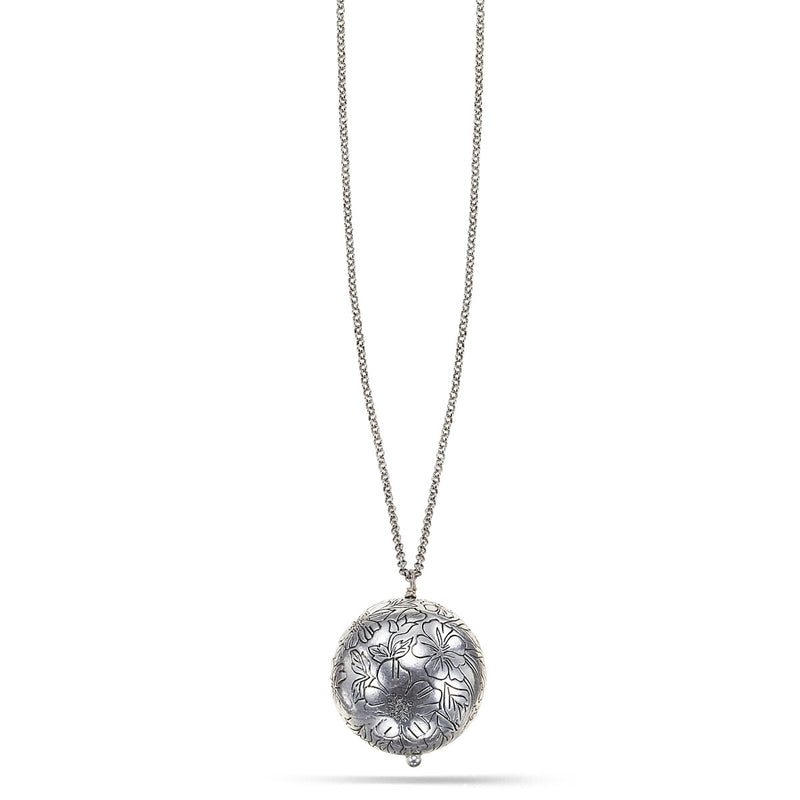 Silver-Tone Metal Round Engraving Ball Pendant Necklace
