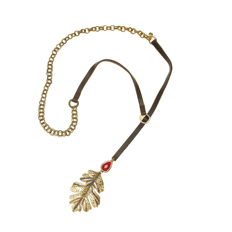 Gold-Tone Metal Leaf Burgundy Stone Leather Necklace