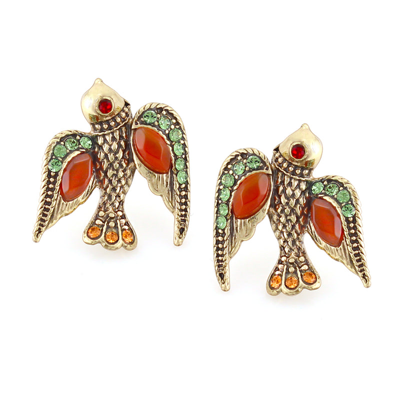 Gold-Tone Metal Bird Burgundy And Green Crystal Stud Earrings