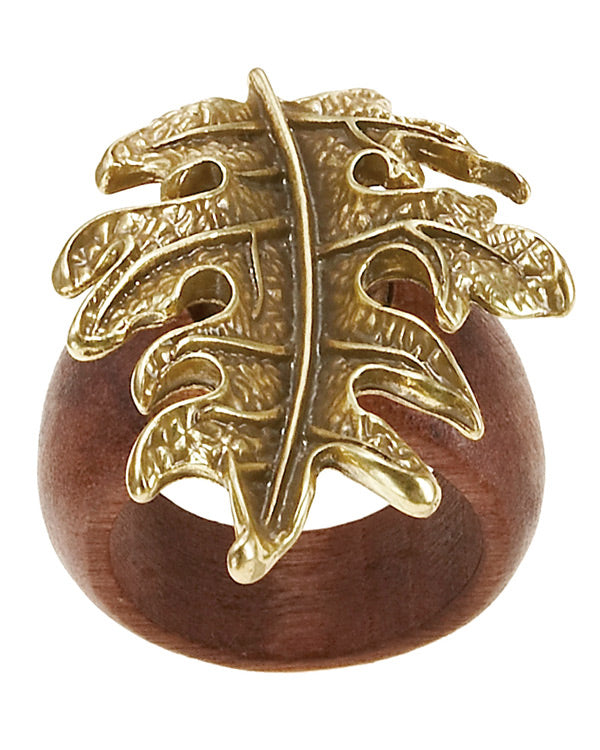 Gold-Tone Metal Leaf Wood Band Ring Size 7