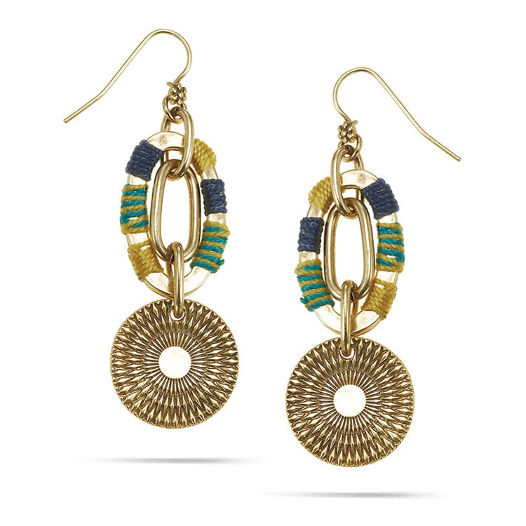 Gold-Tone Metal Charm Turquoise And Gold Thread Drop Earrings
