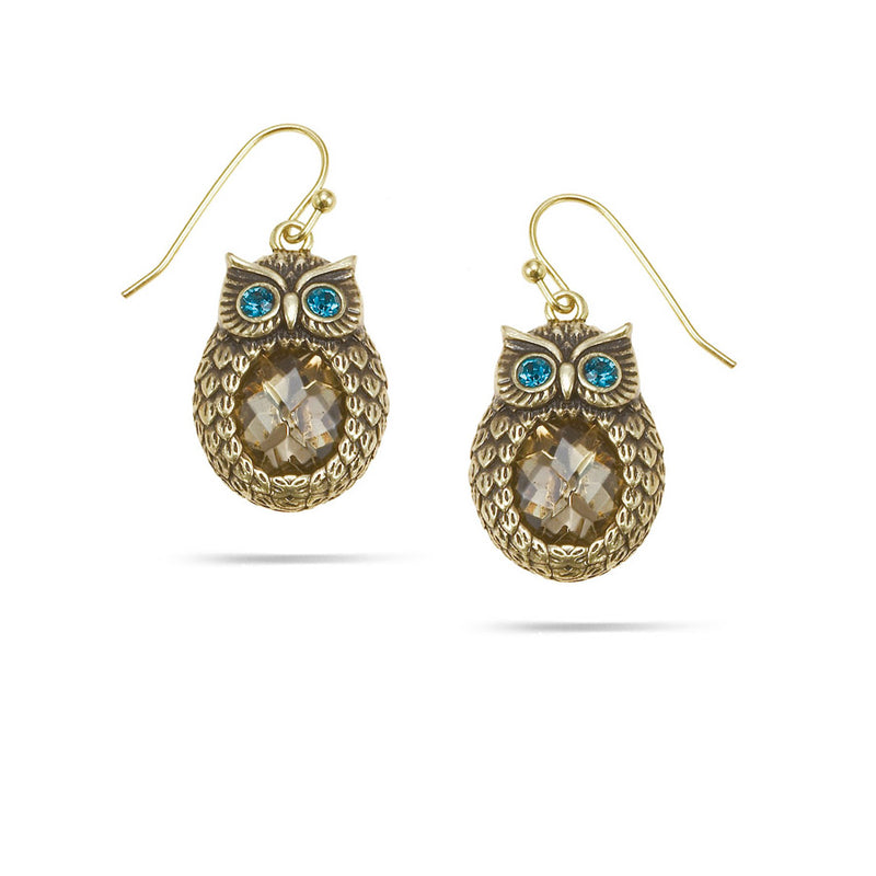 Gold-Tone Metal Crystal Owl Earrings