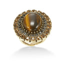 Gold-Tone Metal Tiger'S Eye Stone Black And White Crystal Adjustable Ring
