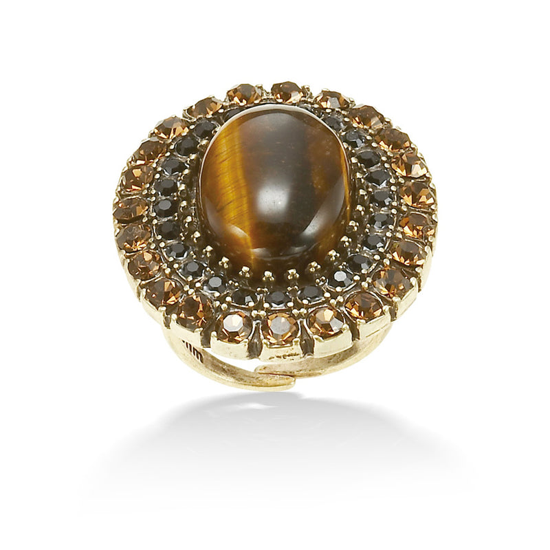 Gold-Tone Metal Tiger'S Eye Stone Black And White Crystal Adjustable Ring