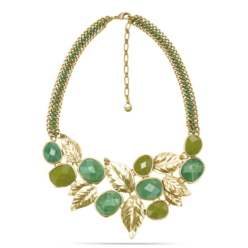 Gold-Tone Metal Leaf And Green Stone Necklace