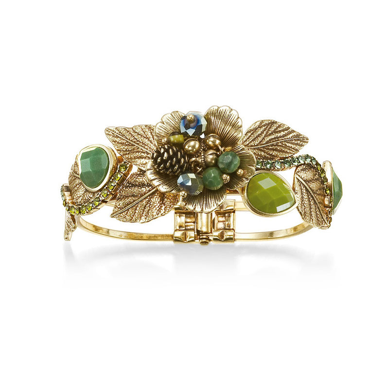 Gold-Tone Metal Flower Green Stones And Crystal Hinged Bracelets
