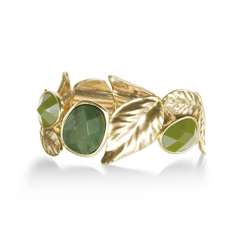 Gold-Tone Metal Leaf Green Stone Stretch Bracelets