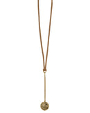 Gold-Tone Metal Round Feather Pendant Brown Lather Necklaces