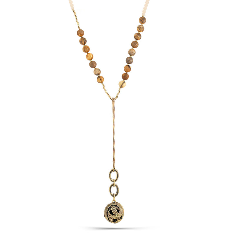 Antique Gold-Tone Metal Ball Brown Beads Necklace