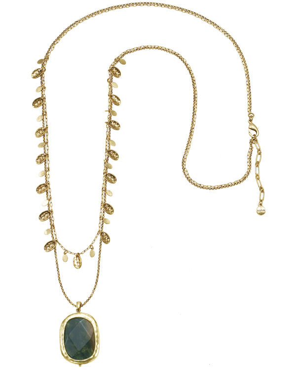 Gold-Tone Metal 2 Layered Charm Green Stone Necklace