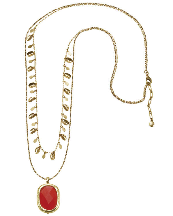 Gold-Tone Metal Coral Faceted Stone Pendant Layered Necklace