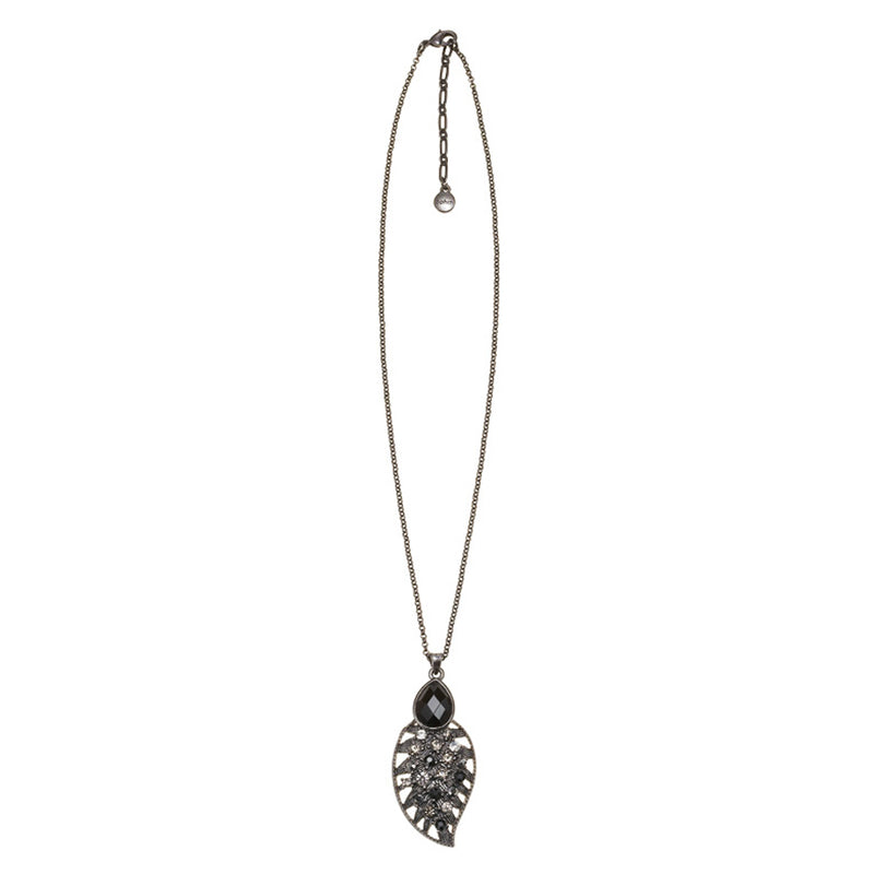 Hematite -Tone Metal Faceted Black Stone Crystal Drop Necklace