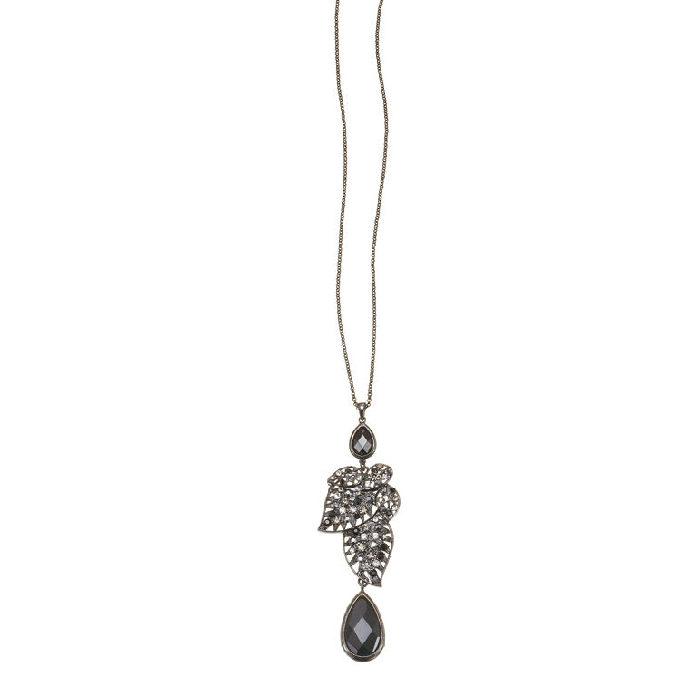 Hematite -Tone Metal Faceted Black Stone Crystal Drop Necklace