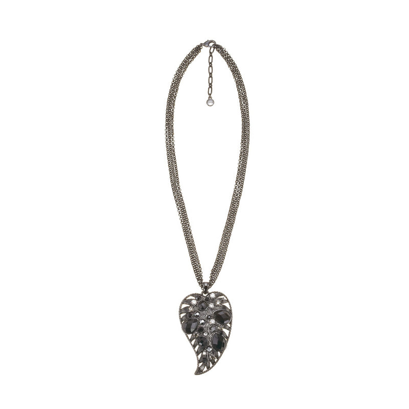 Hematite-Tone Metal Black Faceted Stone Metal White Crystal Necklace