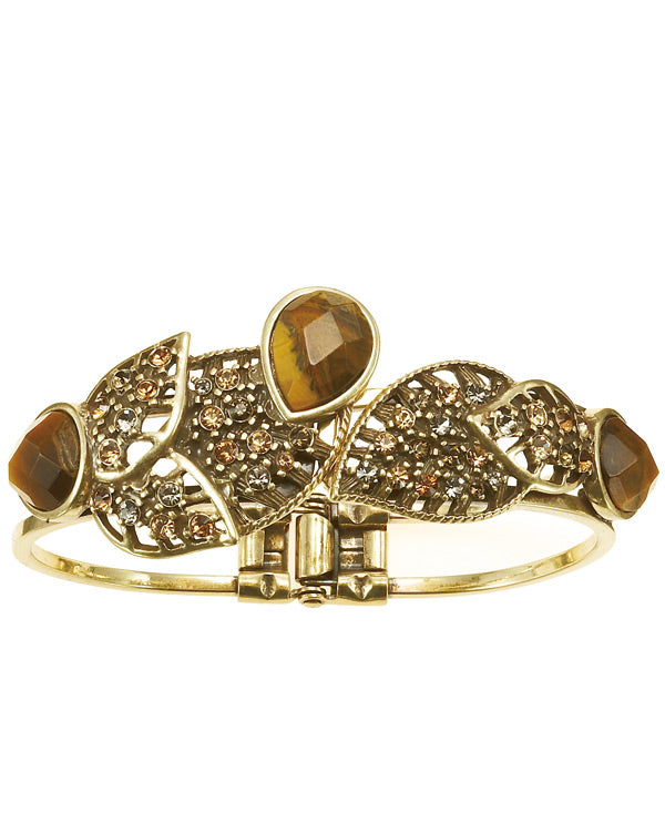 Gold-Tone Metal Tiger Eye Stone Gold And Brown Crystal Hinged Bracelets