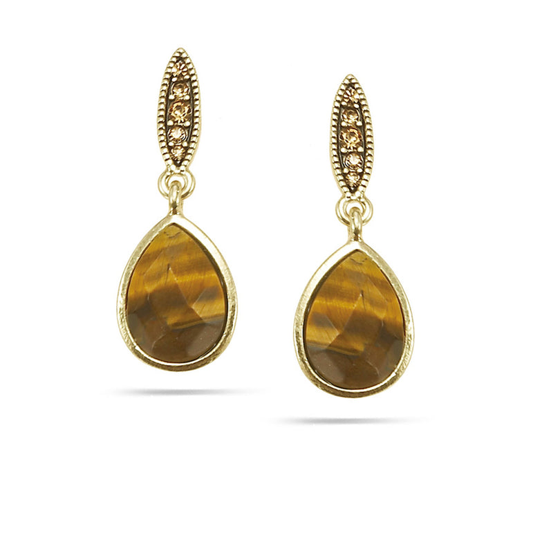 Gold-Tone Metal Tiger'S Eye And Gold Crystal Tear Drop Earrings