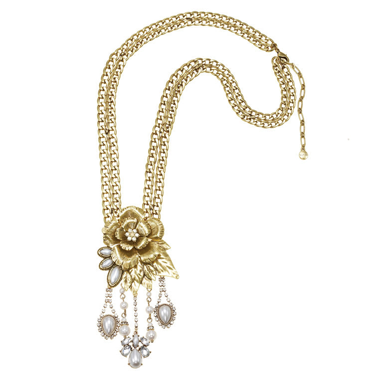 Gold-Tone Metal Flower Pearl And White Crystal Necklace