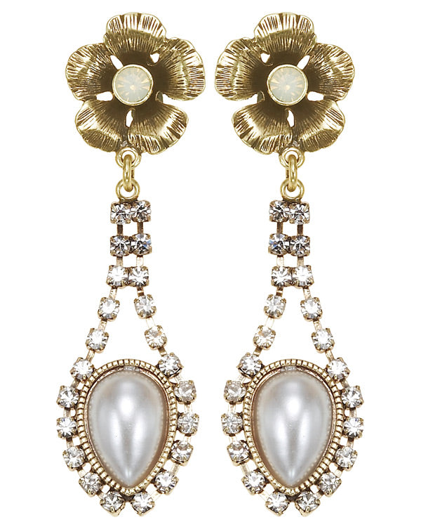 Gold-Tone Metal Flower Pearl Crystal Drop Earrings