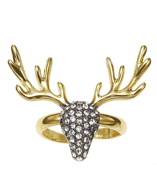 Gold-Tone Metal Reindeer Adjustable Up To Size 7 Crystal Rings