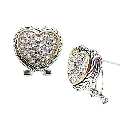 Bling Clear Rhinestone Heart Two-Tone Cable Earrings 