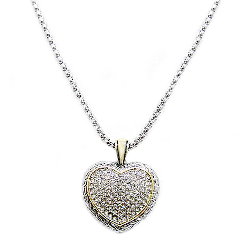 TWO TONE PAVE CRYSTAL ENGRAVED HEART PENDANT NECKLACE