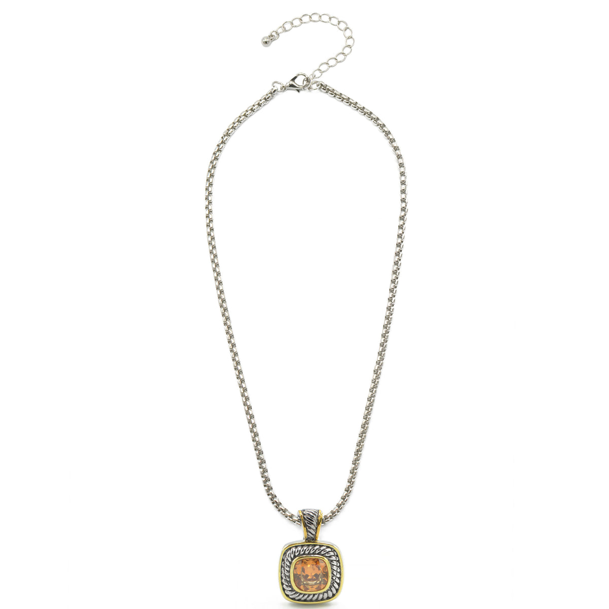 TWO TONE CHAMPAGNE CRYSTAL SQUARE PENDANT BOX CHAIN NECKLACE #73014EH-