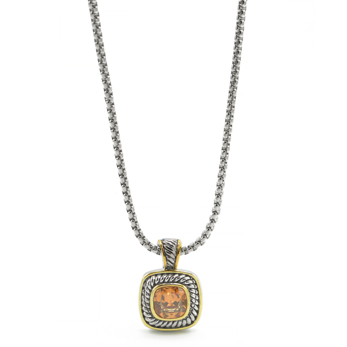 TWO TONE CHAMPAGNE CRYSTAL SQUARE PENDANT BOX CHAIN NECKLACE #73014EH-