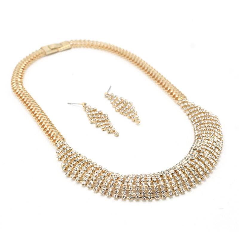 Gold Curved Rhinestone Wire Wrap Choker Necklace and Earring Set