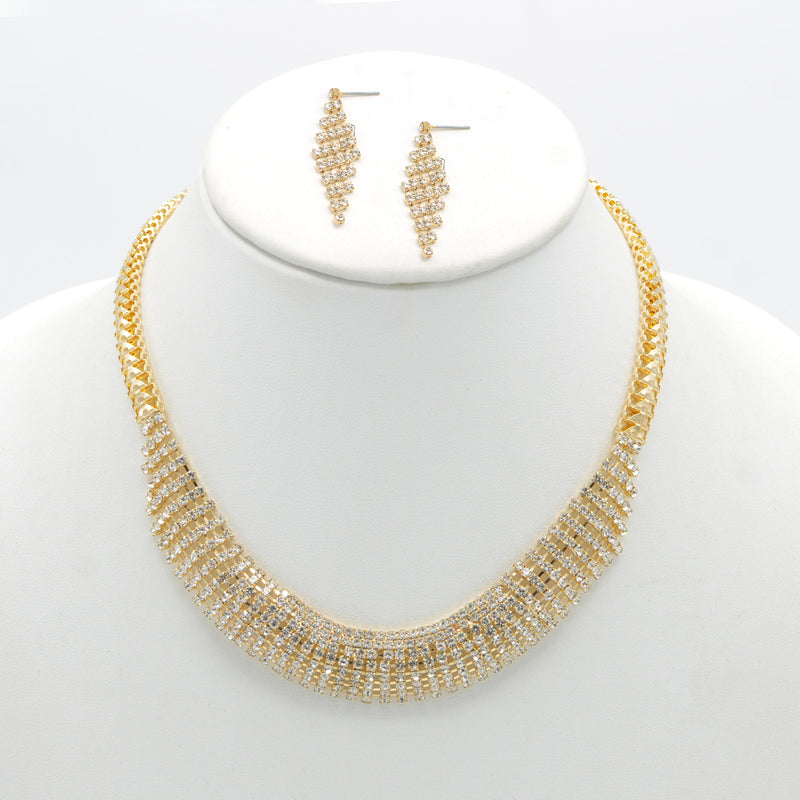 Gold Curved Rhinestone Wire Wrap Choker Necklace and Earring Set