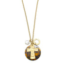 GOLD CROSS AND PEARL ROUND PENDANT NECKLACE