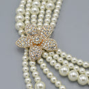 Gold Cream Pearl and Crystal Flower layer Necklace