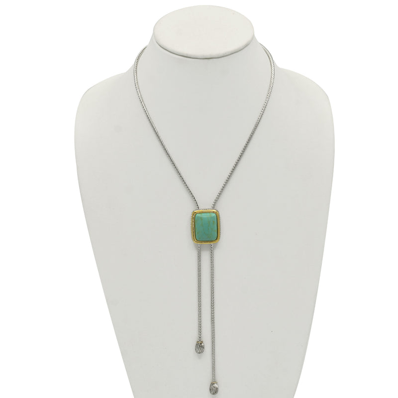 TWO TONE RECTANGLE TURQUOISE PENDANT TASSEL NECKLACE