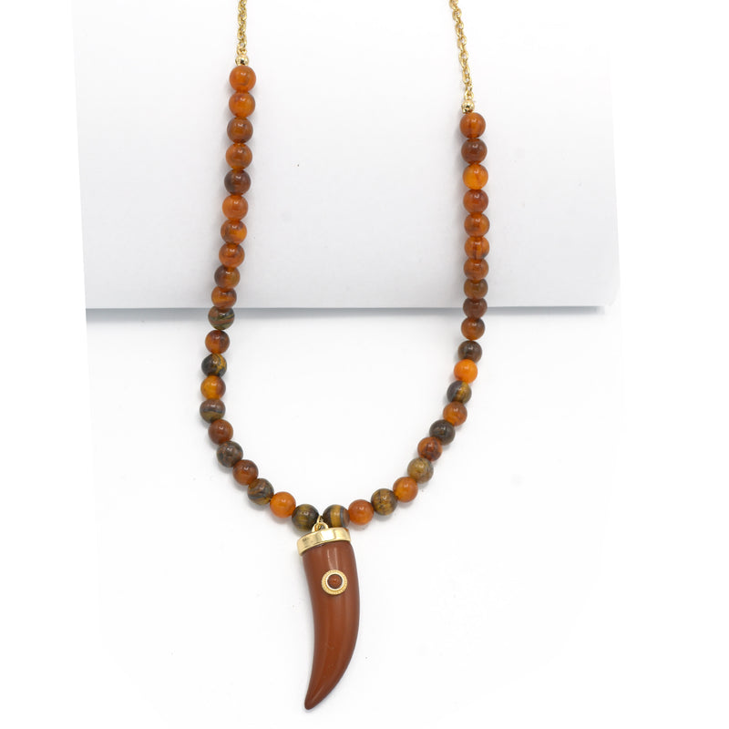 GOLD HORN PENDANT BURGUNDY/BROWN BEAD NECKLACE