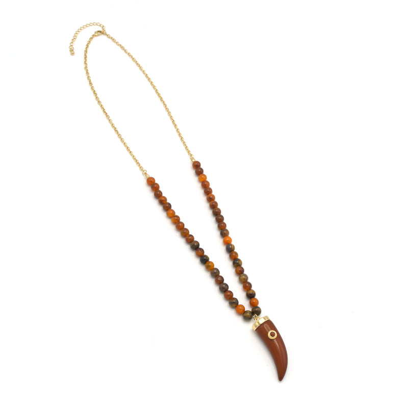 GOLD HORN PENDANT BURGUNDY/BROWN BEAD NECKLACE